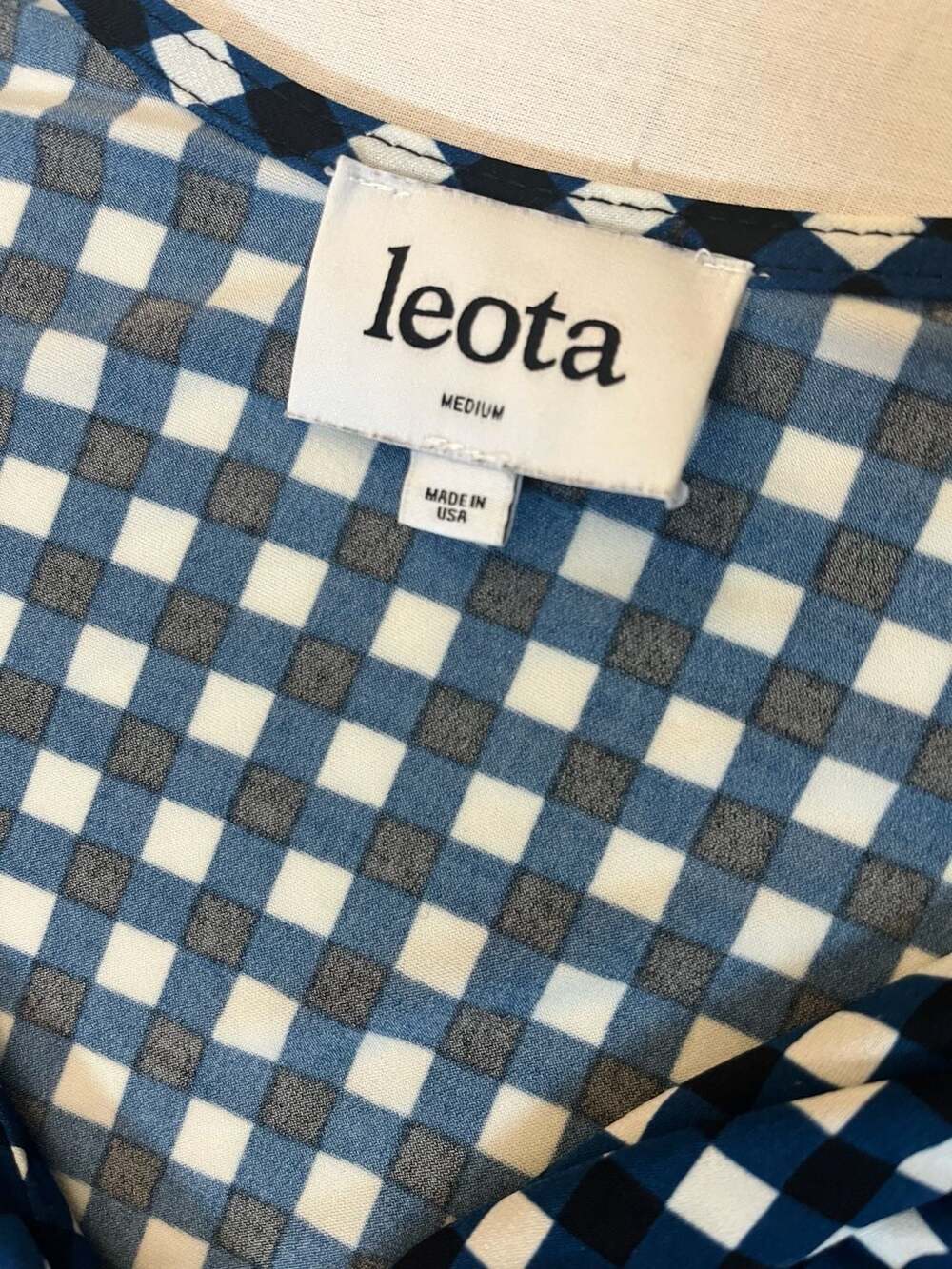 Leota Blue White Gingham Check Wrap Faux Wrap Dress Stretch Medium Made in USA